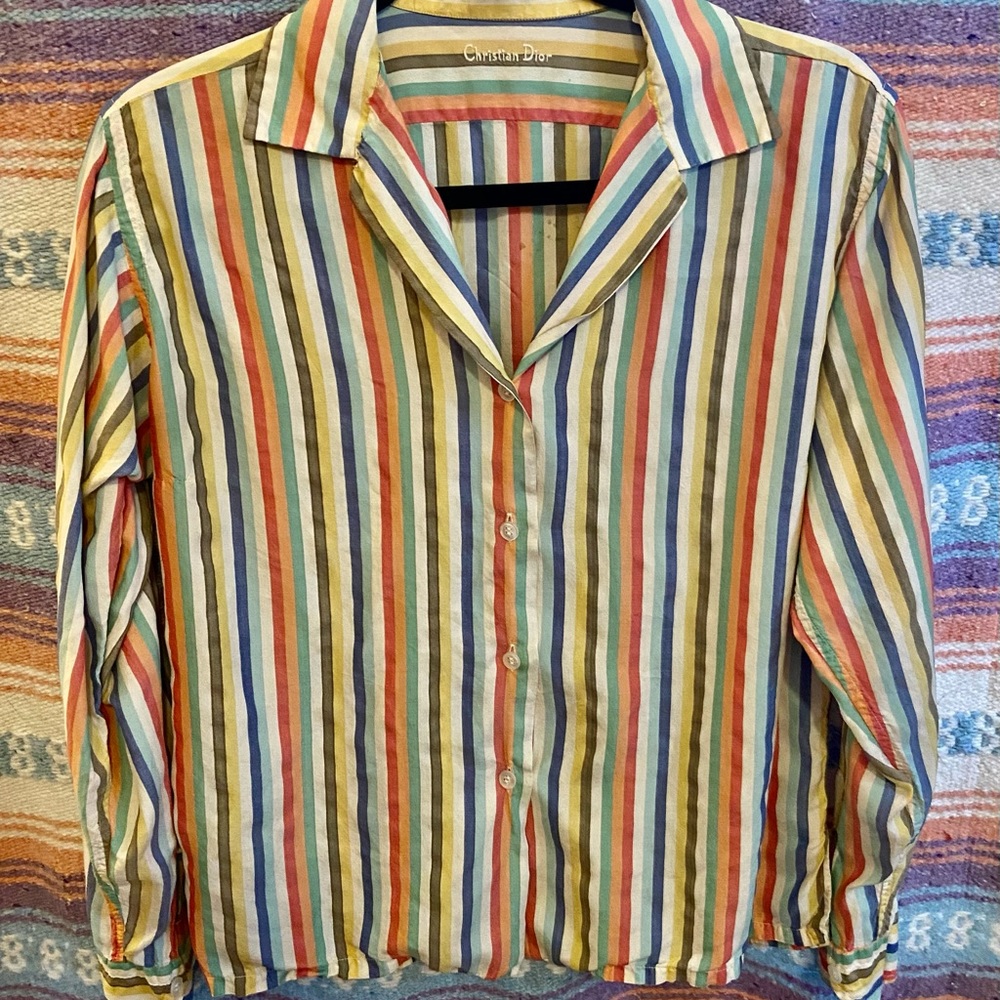Women’s Medium Striped Silk Long Sleeve Button Down Shirt Rainbow